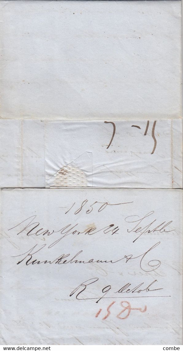 LETTER. NEW-YORK. 24 SEPT 1850. KUNKELMAN & C°. TO REIMS FRANCE. FRENCH COLONIES ART 13. ANGL CALAIS 2. DUE 5   /  2 - …-1845 Prephilately