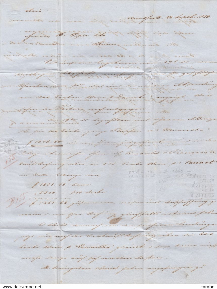 LETTER. NEW-YORK. 24 SEPT 1850. KUNKELMAN & C°. TO REIMS FRANCE. FRENCH COLONIES ART 13. ANGL CALAIS 2. DUE 5   /  2 - …-1845 Vorphilatelie