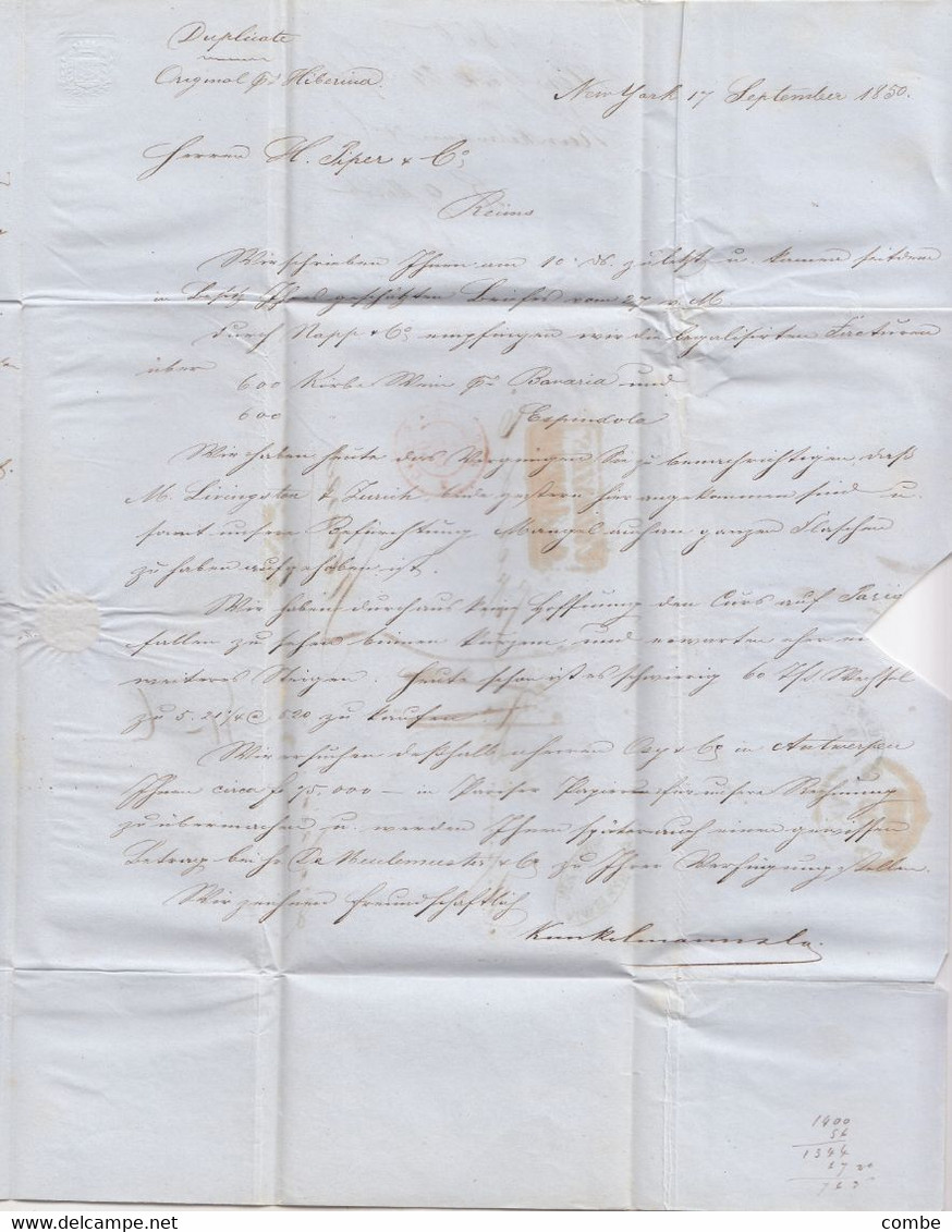 LETTER. NEW-YORK. 24 SEPT 1850. KUNKELMAN & C°. TO REIMS FRANCE. FRENCH COLONIES ART 13. ANGL CALAIS 2. DUE 5   /  2