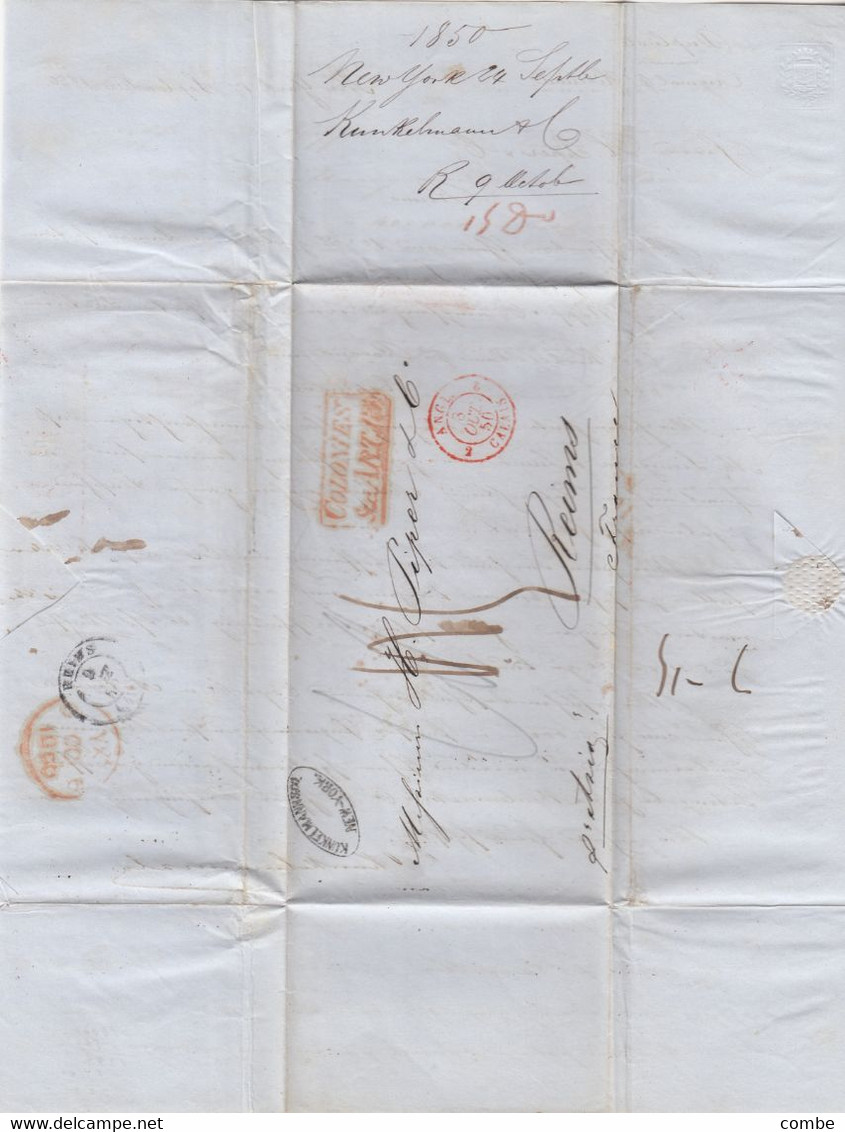 LETTER. NEW-YORK. 24 SEPT 1850. KUNKELMAN & C°. TO REIMS FRANCE. FRENCH COLONIES ART 13. ANGL CALAIS 2. DUE 5   /  2