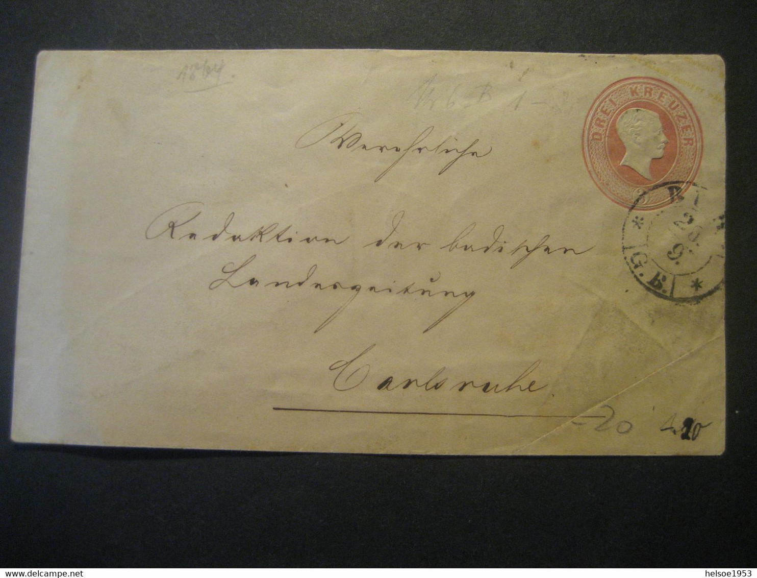 Altdeutschland Baden 1864- Ganzsache Gelaufen Mit 3 Kr Mi. U 9 Mit Bahnpost Nach Carlsruhe, Ankunftstempel Rückseitig - Postal  Stationery
