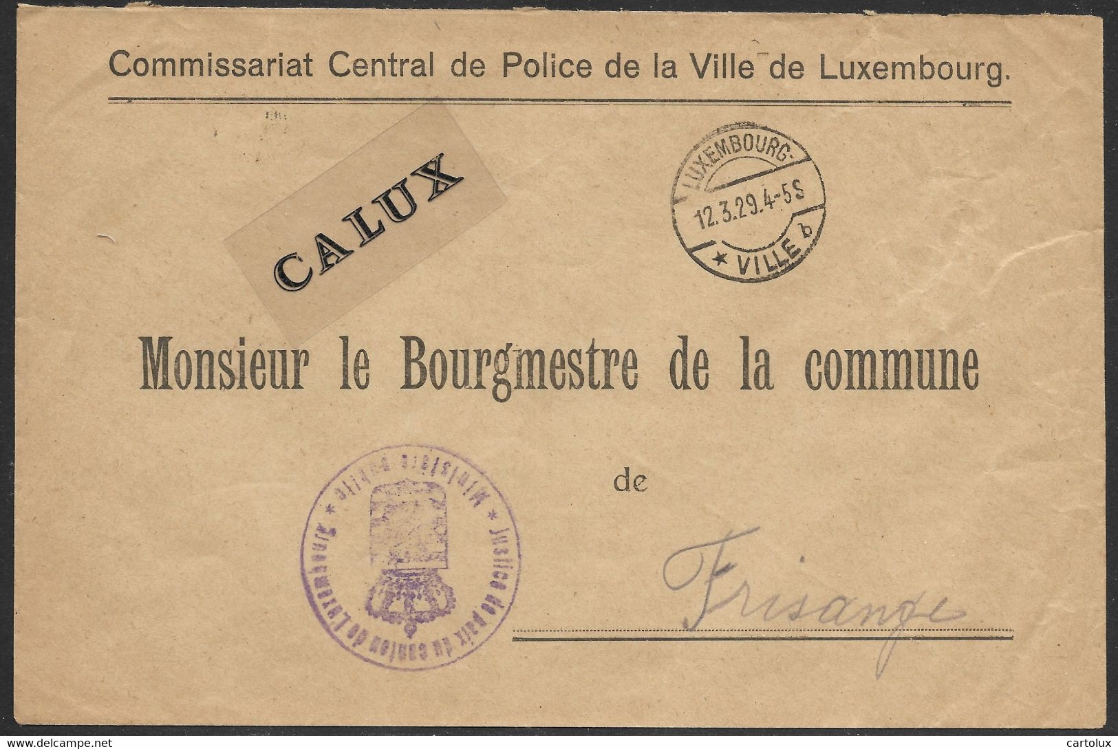 Luxembourg / Luxemburg Lettre En Franchise Commissariat De Police Au Maire De Frisange 12.03.1929 - Briefe U. Dokumente