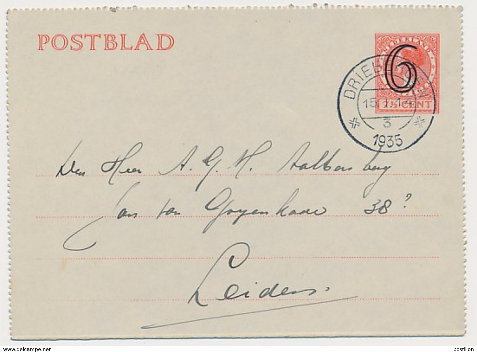 Postblad G. 17 X Driebergen - Leiden 1935 - Interi Postali