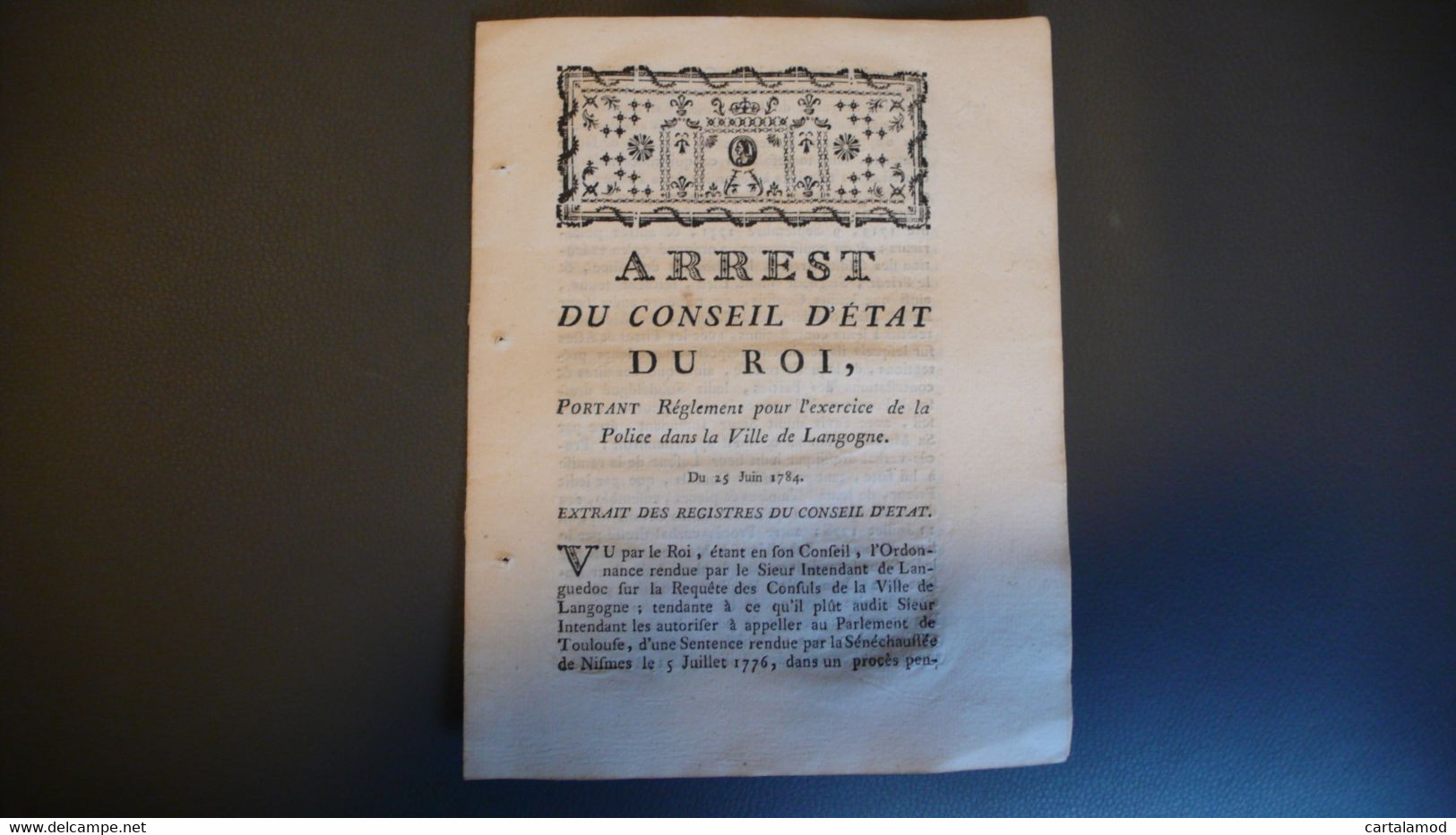 Arrêt Du Conseil D'Etat Du Roi, 1784, Relatif à La Police De Langogne Lozère - Décrets & Lois