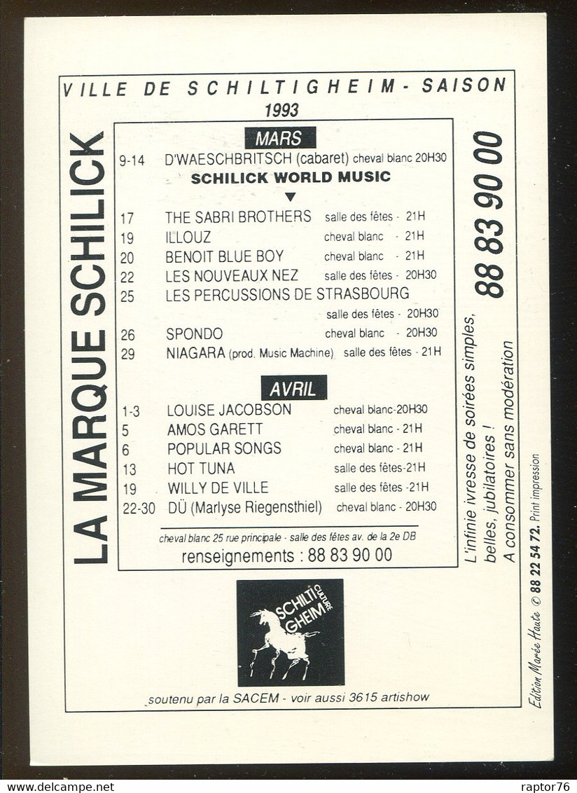 CPM 67 SCHILTIGHEIM Carte Publicitaire Sur Les évènements Musicaux De La Ville En 1993 - Schiltigheim