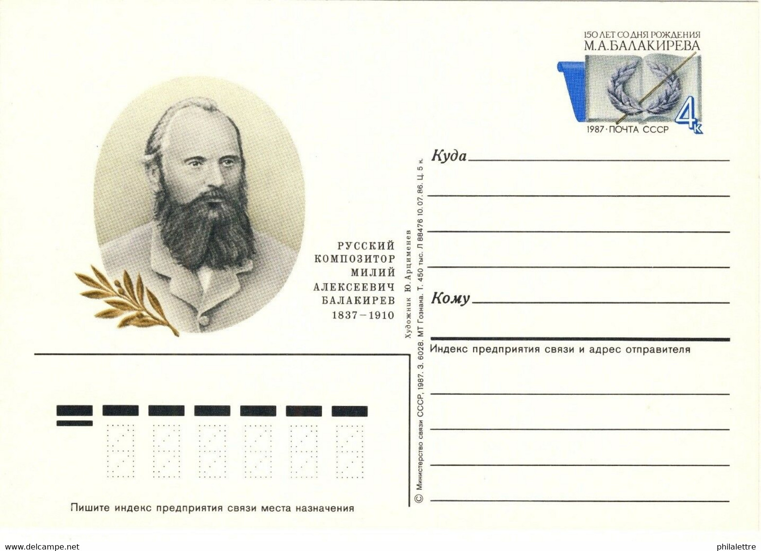 URSS Soviet Union 1987 4kp CARD 100th BIRTHDAY COMPOSER M.A. BALAKIREV Mi.PSO161 - 1980-91