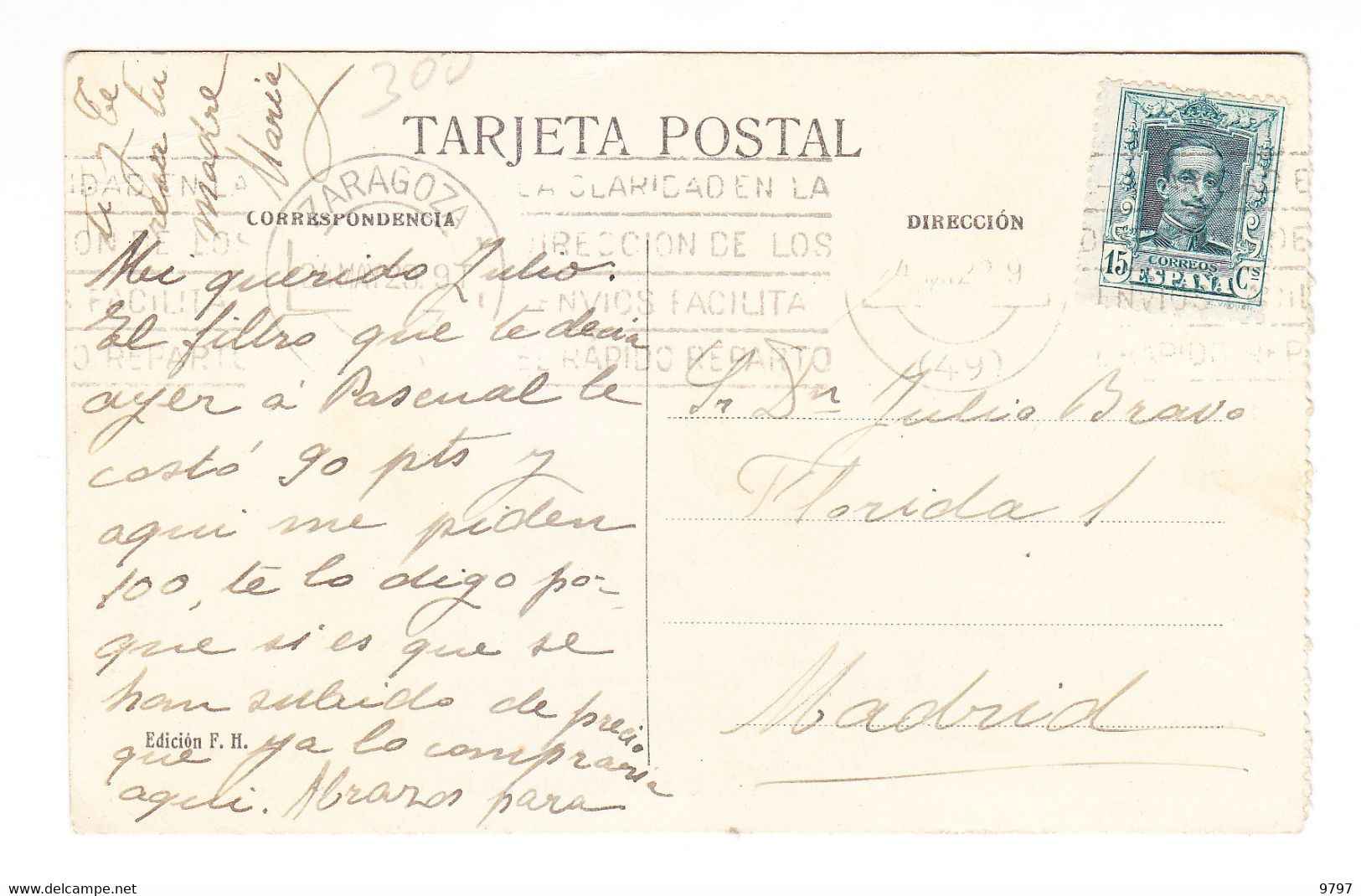 POSTAL MONASTERIO S.JUAN DE LA PEÑA . JACA (HUESCA-ARAGON) -EDICION F.H. "PINAR".ESCRITA DESDE ZARAGOZA SELLO 315 (1929) - Huesca