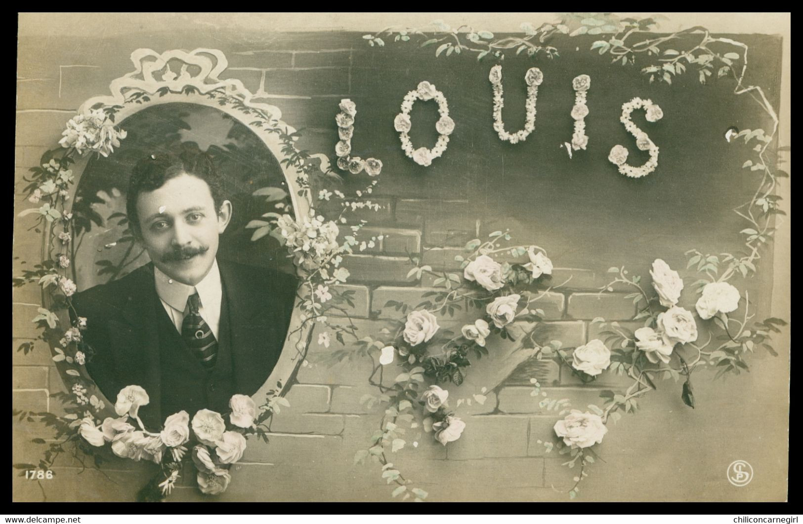 Cp Glacée - Prénom - LOUIS - Photo Montage - Portrait D'Homme Dans Un Médaillon - Fleurs - 1903 - Prénoms