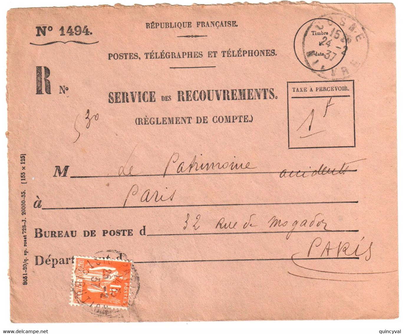 COSNE Nièvre Service Recouvrements Enveloppe Entière N° 1494 Yv 286 1F Paix Orange Taxe Ob Paris 1937 - Lettres & Documents