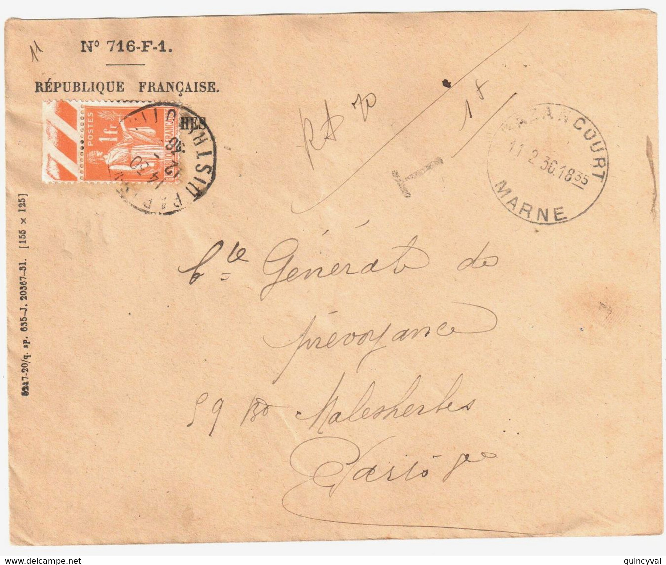 BAZANCOURT Marne Horoplan Service Recouvrements Enveloppe Entière N° 716 Yv 286 1F Paix Orange Taxe Ob Paris 1936 - Covers & Documents