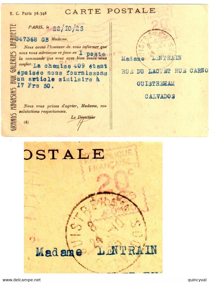 PARIS Carte Postale Commerciale Illustrée Galeries Lafayette Envoi Commande EMA A0130 Ob 1925 HAVAS 9a Dest Ouistreham - EMA (Print Machine)