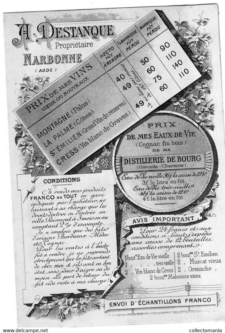 1 Carte A. Destanque Propriétaire NARBONNE Aude Prix Des Vins 1892 Vignobles Dans Le Narbonnais  & Le Blayais Gironde - Vino