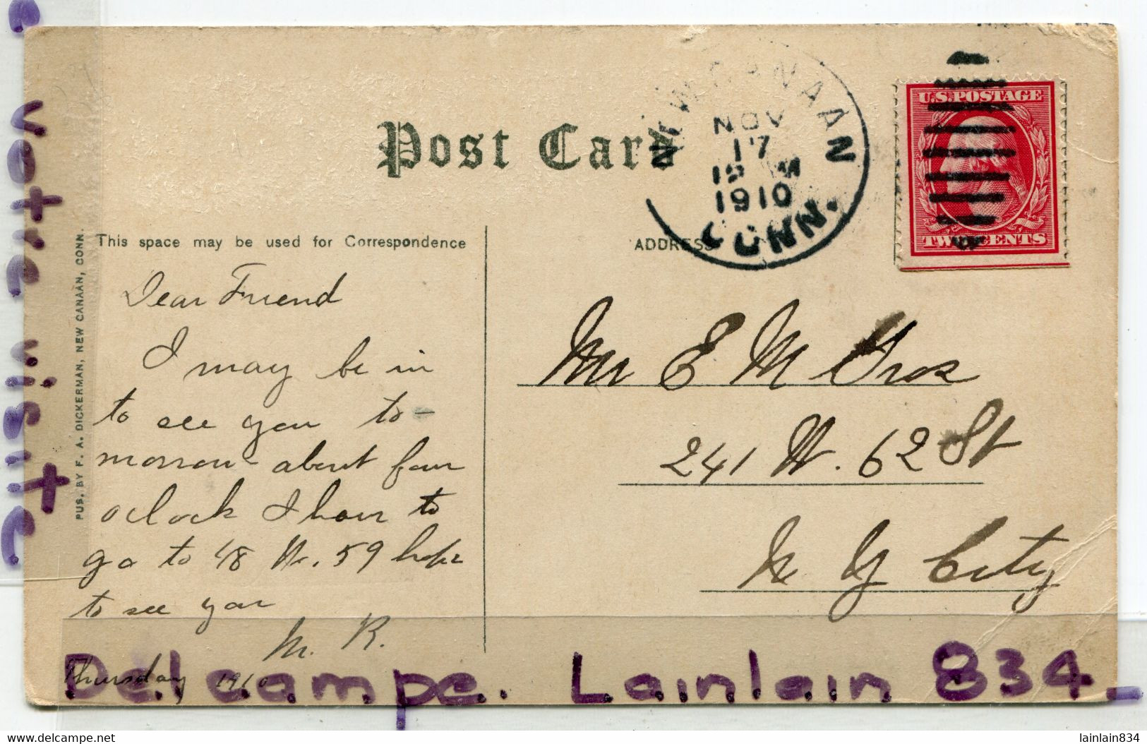 - New Canaan - ( Connecticut ), Rédence Of F W ANDERSON, Rare,  épaisse, écrite, Usure Des Coins, 1910, Stamp, Scans. - Other & Unclassified