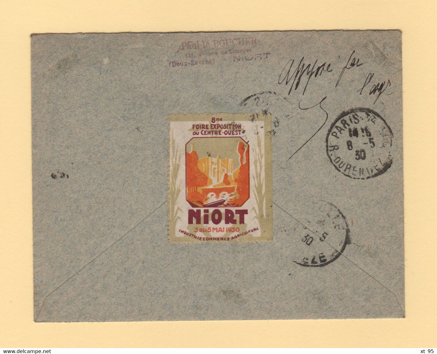 Vol Paris Niort - 8-5-1930 - Vignette Au Dos - Recommande Par Avion - 1960-.... Lettres & Documents