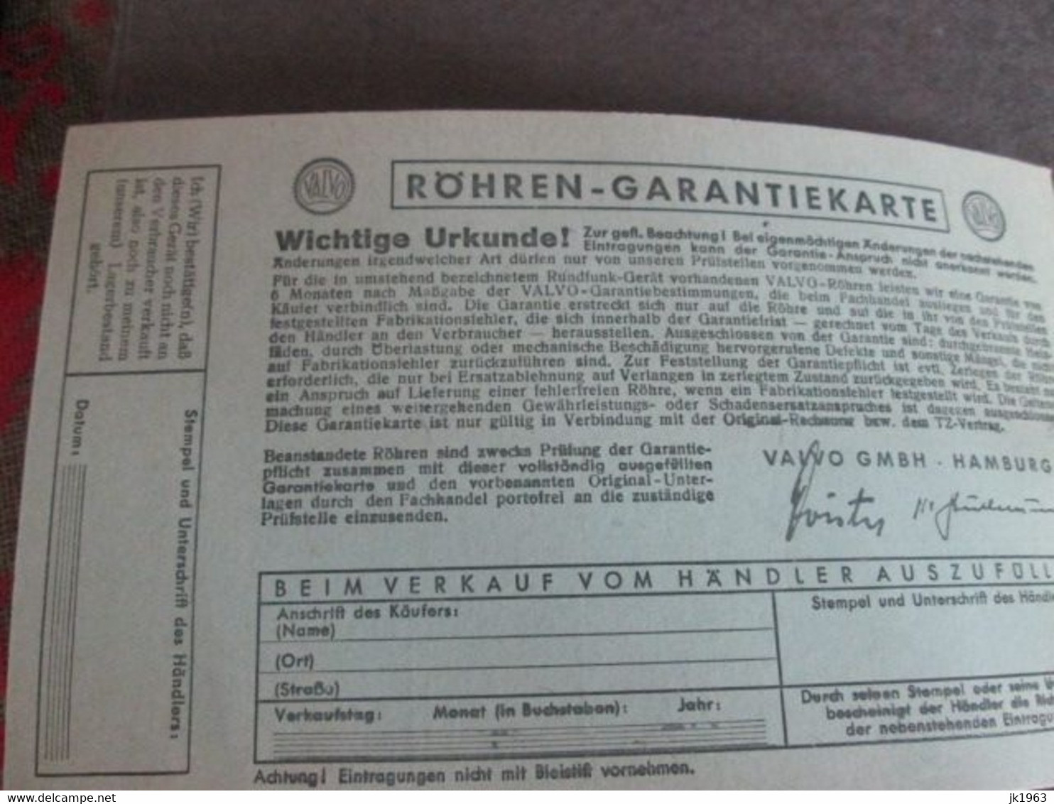 GRUNDIG, ROHREN GARANTIEKARTE, URKUNDE - 1950 - ...