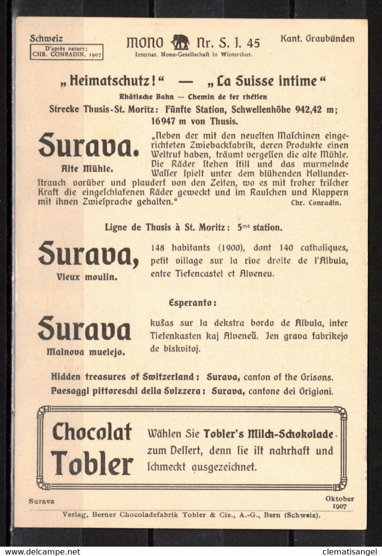 27WG * CHOCOLAT TOBLER * SURAVA * ALTE MÜHLE * KÜNSTLER GROSSWERBEKARTE * 1907 **!! - Andere & Zonder Classificatie