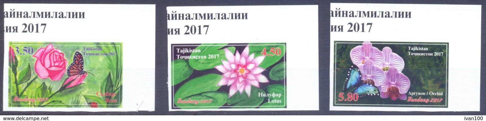 2017. Tajikistan, Flowers & Insects,International Philatelic Exhibition Indonesia 2017, 3v IMPERFORATED, Mint/** - Tadzjikistan