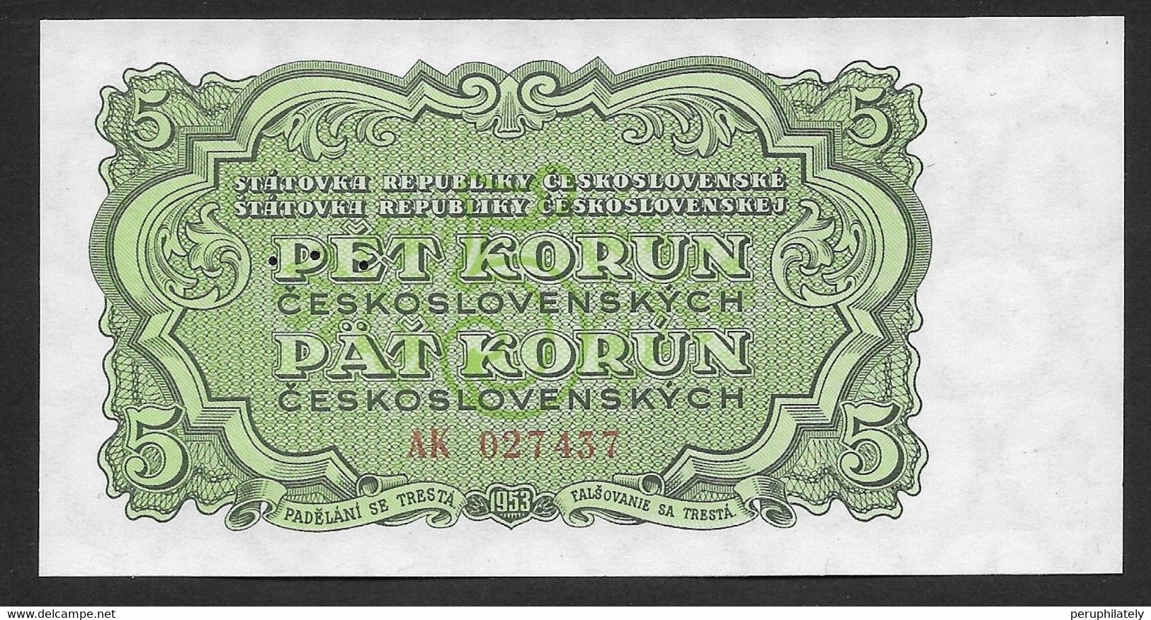 Czechoslovakia 5 Korun, 1953 , First Serie , Specimen - Czechoslovakia