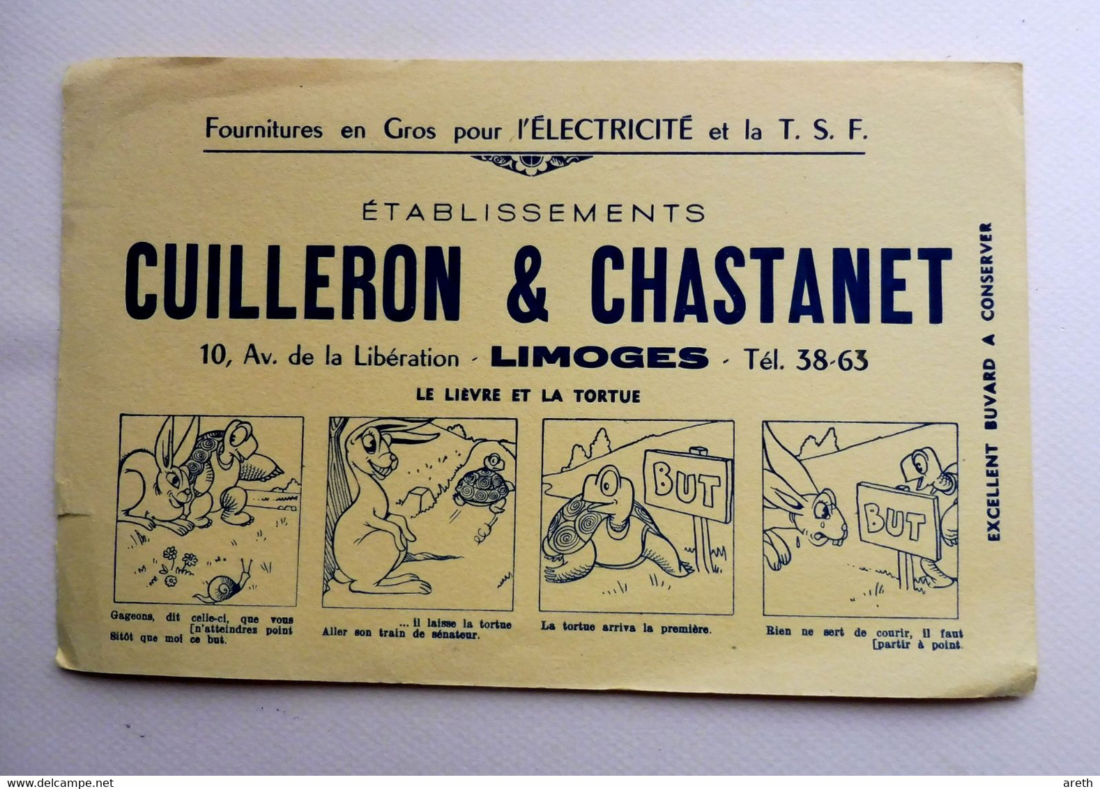 Ancien Buvard Publicitaire CUILLERON &CHASTANET à Limoges - Electricité Et T.S.F. - Le Lièvre Et La Tortue - Elektrizität & Gas