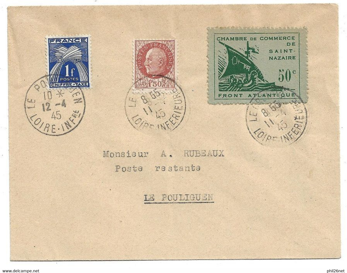 RARE Pli Du 11 /04/1945 Le Pouliguen Poche De Saint Nazaire Avec Le Guerre N° 8 Et Les N° 517 Et Le Taxe N° 70 TB ! ! ! - Guerre (timbres De)