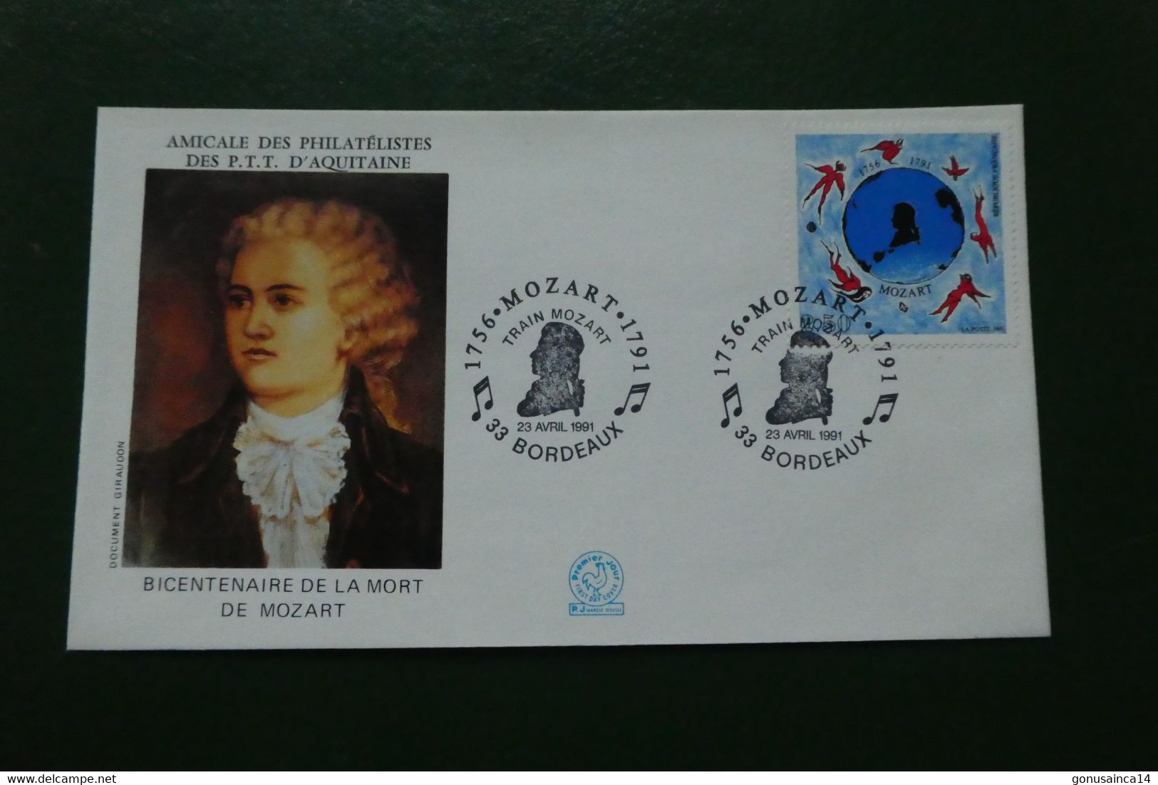 B5 / FDC BICENTENAIRE DE LA MORT DE MOZART BORDEAUX 23 04 1991 AMICALE DES PHILATELISTES DES PTT AQUIT TIMBREE OBLITEREE - 1990-1999