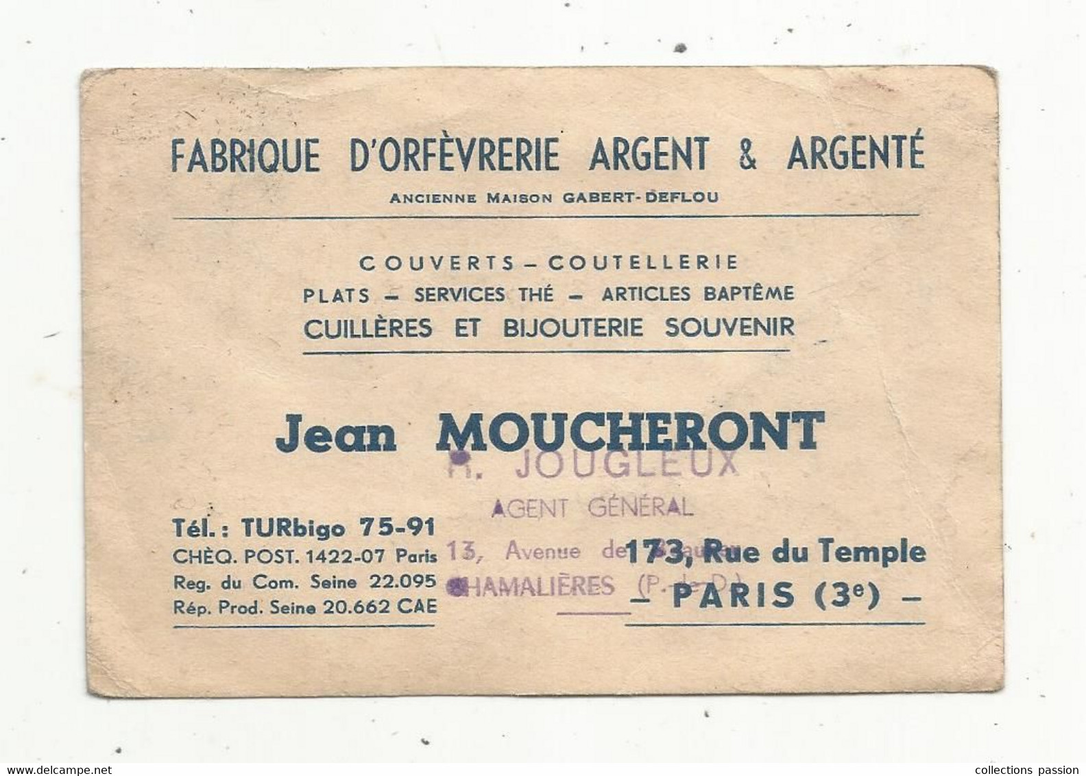 Carte De Visite , Orfèvrerie Argent & Argenté , J. Moucheront ,Paris 3 E , Représentant: Jougleux , CHAMALIERES , 63 - Cartes De Visite