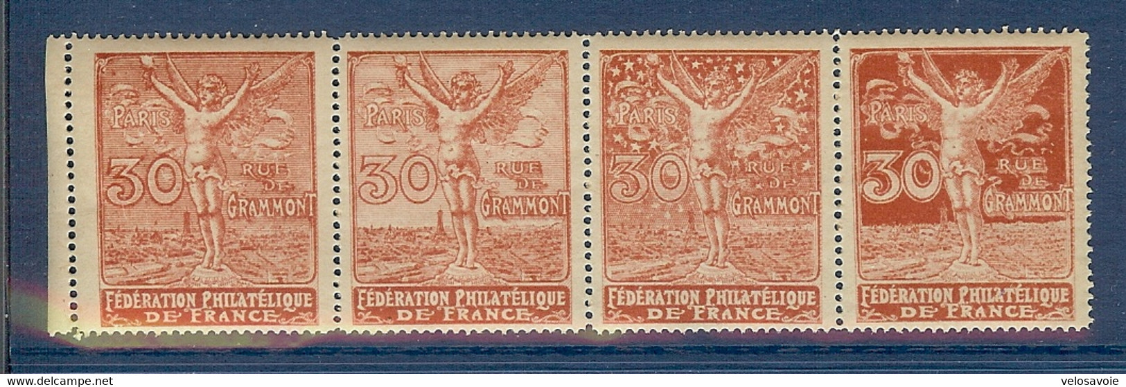 4 VIGNETTES ROUGE SE TENANT FEDERATION PHILATELIQUE DE FRANCE PARIS 30 RUE DE GRAMONT ** - Philatelic Fairs