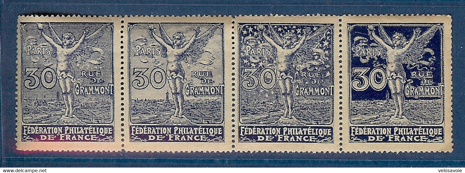 4 VIGNETTES BLEU SE TENANT FEDERATION PHILATELIQUE DE FRANCE PARIS 30 RUE DE GRAMONT ** - Briefmarkenmessen