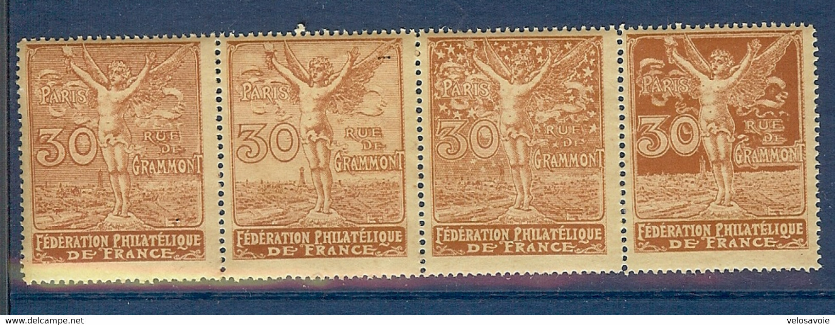 4 VIGNETTES MARRON SE TENANT FEDERATION PHILATELIQUE DE FRANCE PARIS 30 RUE DE GRAMONT ** - Briefmarkenmessen