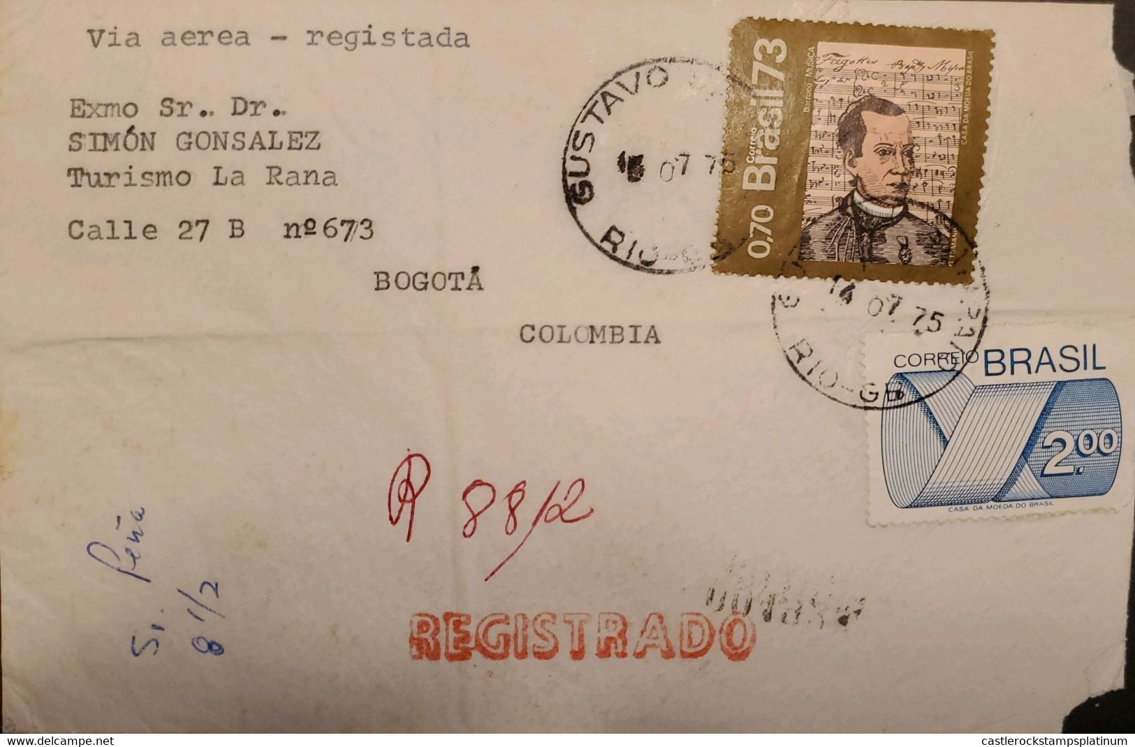 A) 1975, BRAZIL, BAROQUE ART, FROM RIO GRANDE TO BOGOTA-COLOMBIA, REGISTERED, AIRMAIL, FATHER NUNES GARCIA STAMP - Other & Unclassified