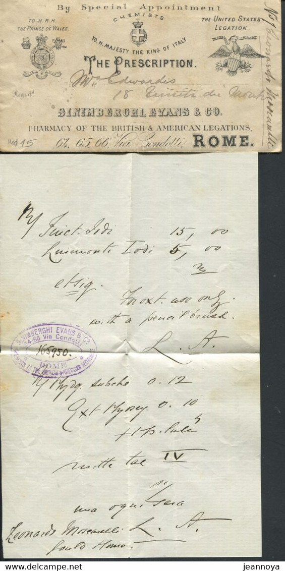 SANTÉ - ORDONNANCE MEDICALE DE ROME LE 9/6/1886 AVEC ENVELOPPE ILLUSTRÉE DE LA PRESCRIPTION - TB & RARE - Pharmacy