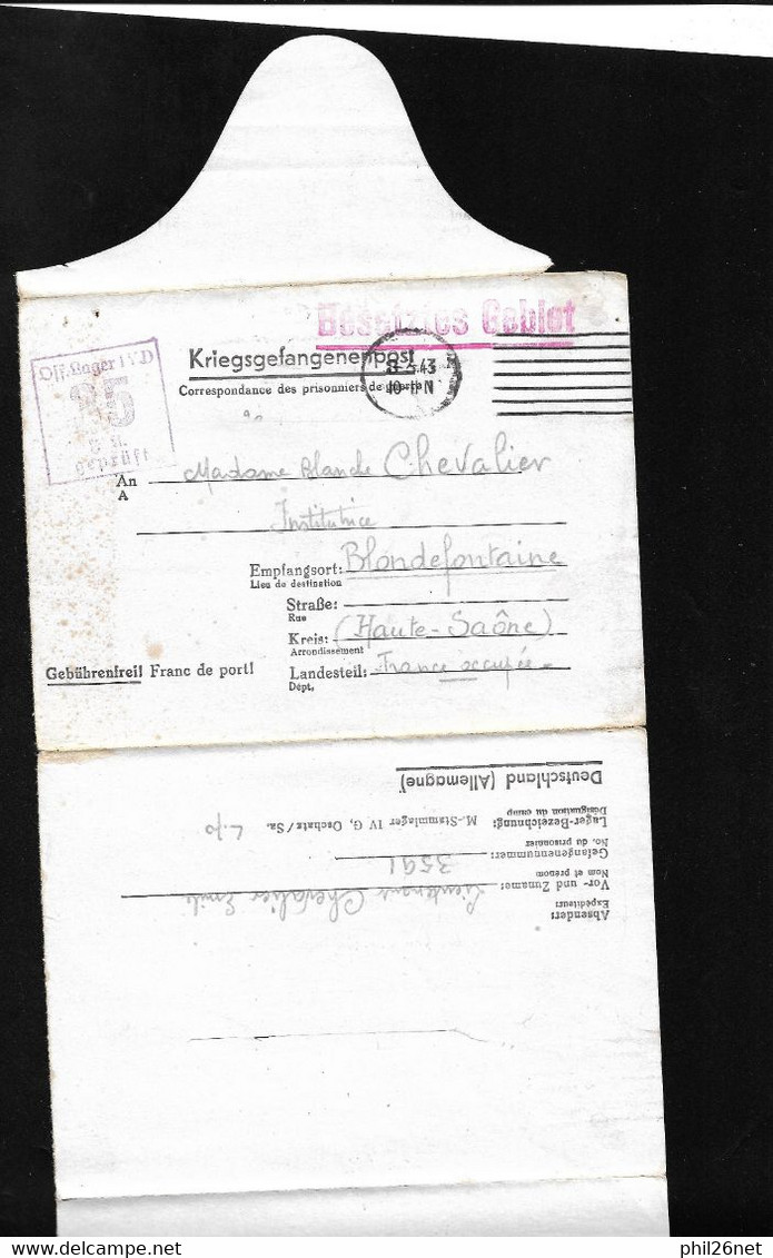 Lettre En Franchise Prisonnier De Guerre Oflag IV D à Elsterhorst Le 03/03/1943 à Blondefontaine Territoire Occupé B/TB - War Stamps