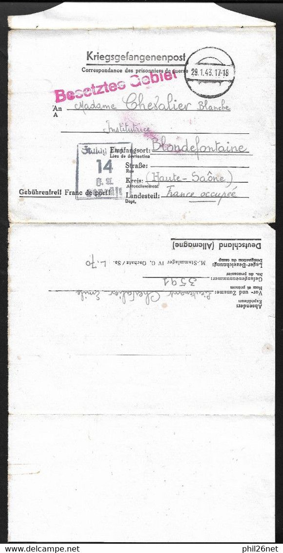 Lettre En Franchise Prisonnier De Guerre Du Stalag IV G à Oschatz Le 29/01/1943 à Blondefontaine Territoire Occupé B/TB - Lettres & Documents