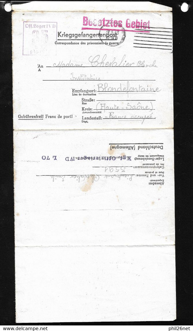 Lettre En Franchise Prisonnier De Guerre De Oflag  IV D à Elsterhorst Le 31/3/1943 à Blondefontaine  France Occupée B/TB - Kriegsmarken