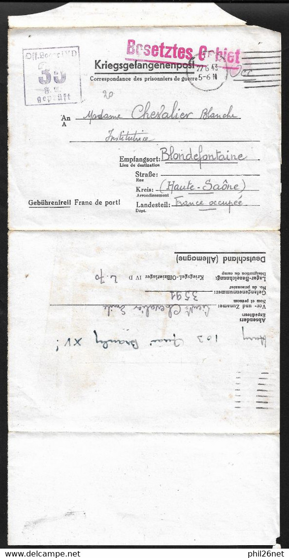 Lettre En Franchise Prisonnier De Guerre De Oflag  IV D à Elsterhorst Le 22/6/1943 à Blondefontaine  France Occupée B/TB - Brieven En Documenten