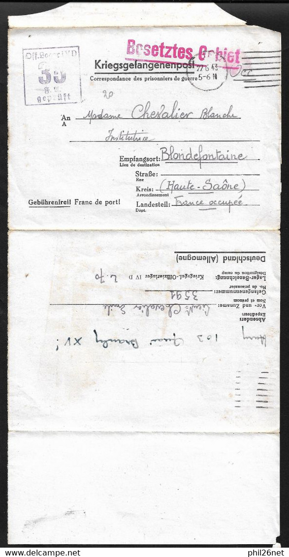 Lettre En Franchise Prisonnier De Guerre De Oflag  IV D à Elsterhorst Le 22/6/1943 à Blondefontaine  France Occupée B/TB - Briefe U. Dokumente