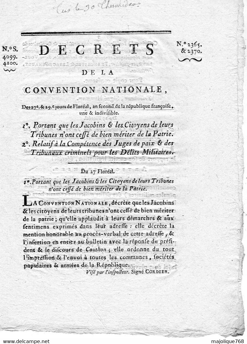 Décrets De La Convention Nationale Du 27e & 29e, Jour De Floréal, An Second De La République Françoise, Une & Indivisibl - Décrets & Lois