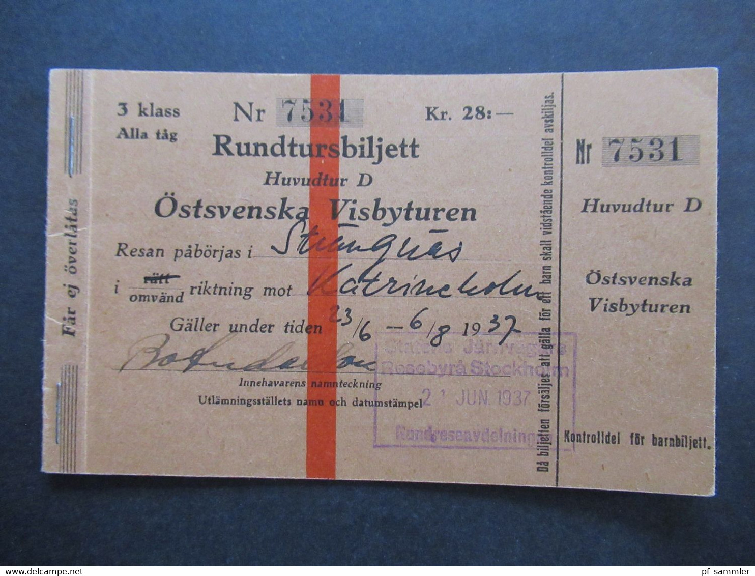 Schweden 1937 Rundtursbiljett Huvudtur D Östsvenska Visbyturen Rundreise Ticket Ab Stockholm Zug / Schiff?? - Europe