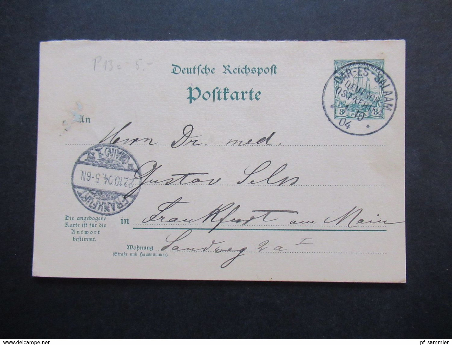 DR Kolonie 1904 DOA Deutsch Ostafrika GA Fragekarte P 15 F Stempel Dar - Es - Salaam Text!! Pflanze Kakao - German East Africa