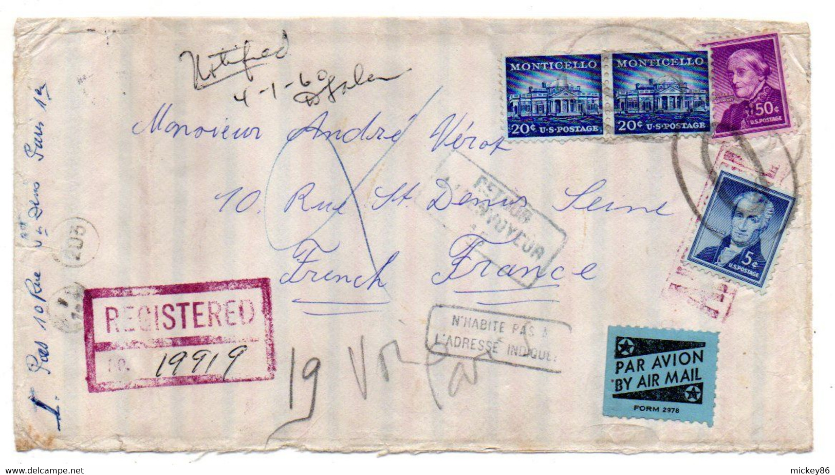 USA--1960-Lettre Recommandée De CHICAGO Pour PARIS (France)..timbres,cachet Paris,BERWYN,CHICAGO(ILL) - Lettres & Documents