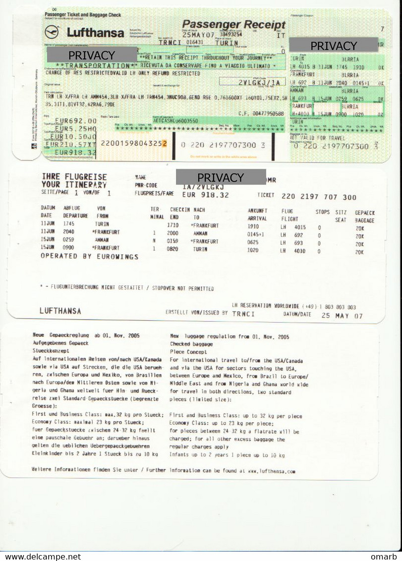 Alt1145 Luthansa Airways Eurowings Airlines Billet Avion Aereo Boarding Passenger Receipt Torino Frankfurt Amman - Welt