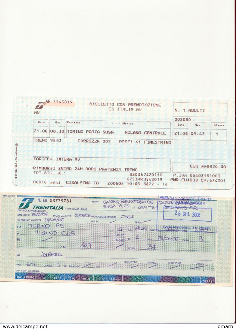 Alt1139 Billet Biglietto Ticket Treno Train Passenger Receipt Cambio Prenotazione AV High Speed Torino Milano - Unclassified