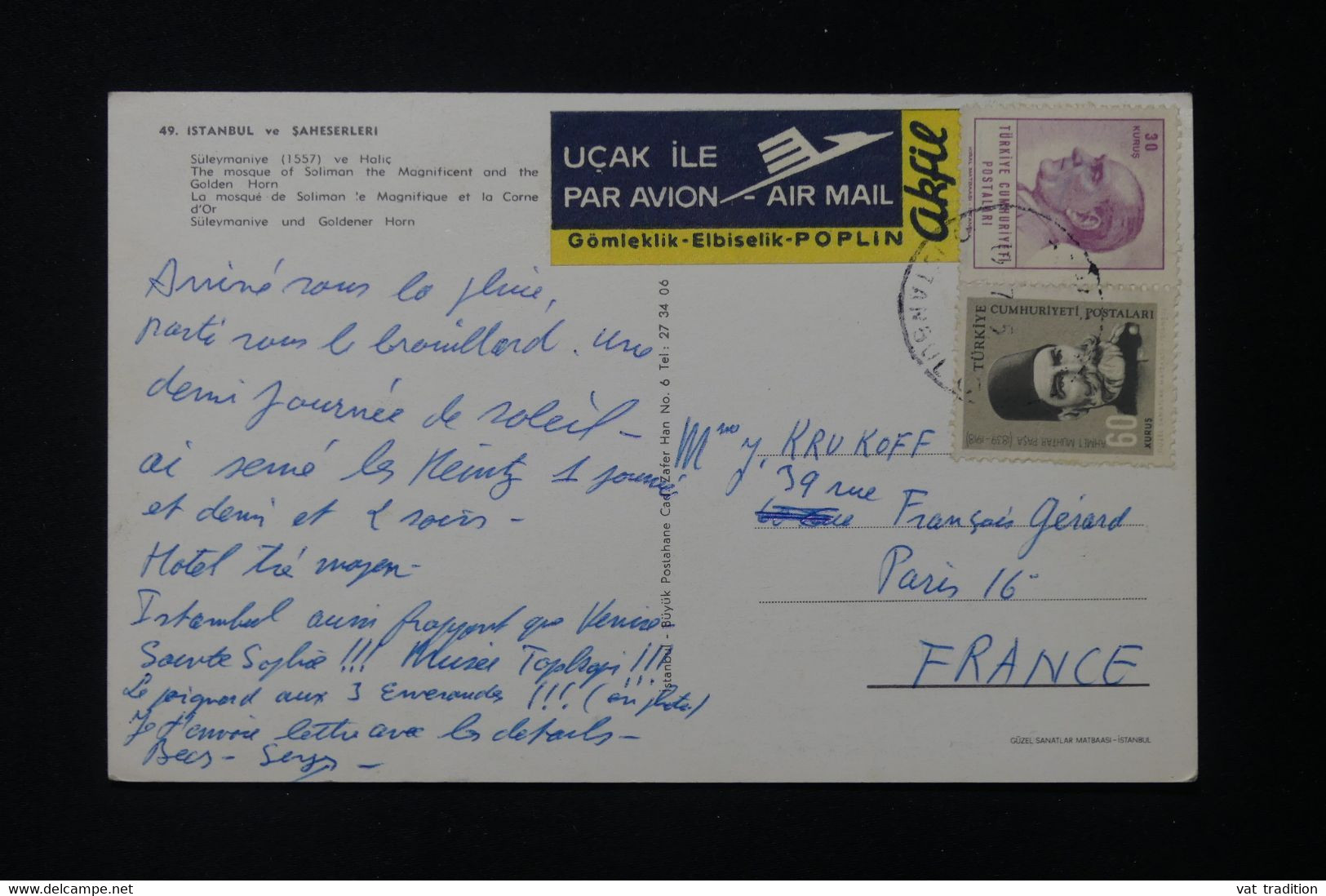 TURQUIE - Carte Postale De Istanbul Pour Paris Par Avion, Voir étiquette - L 84049 - Cartas & Documentos