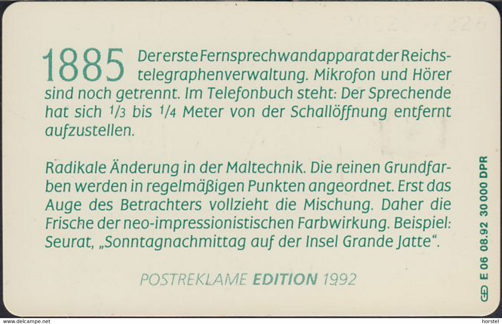 GERMANY E06/92 - Telefon 1885 1. Fernsprechwandapperat - E-Reeksen : Uitgave - D. Postreclame