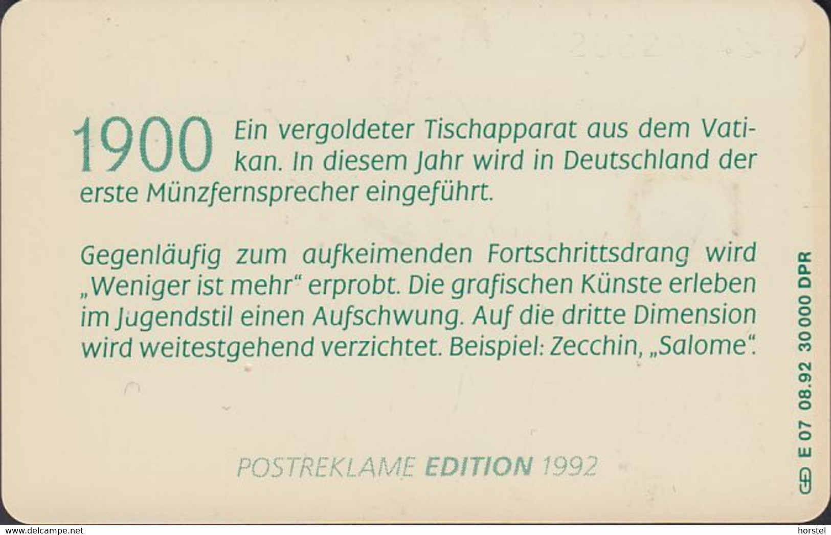 GERMANY E07/92 - Telefon 1900 Vergoldeter Tischapperat Aus Dem Vatican - E-Series : D. Postreklame Edition