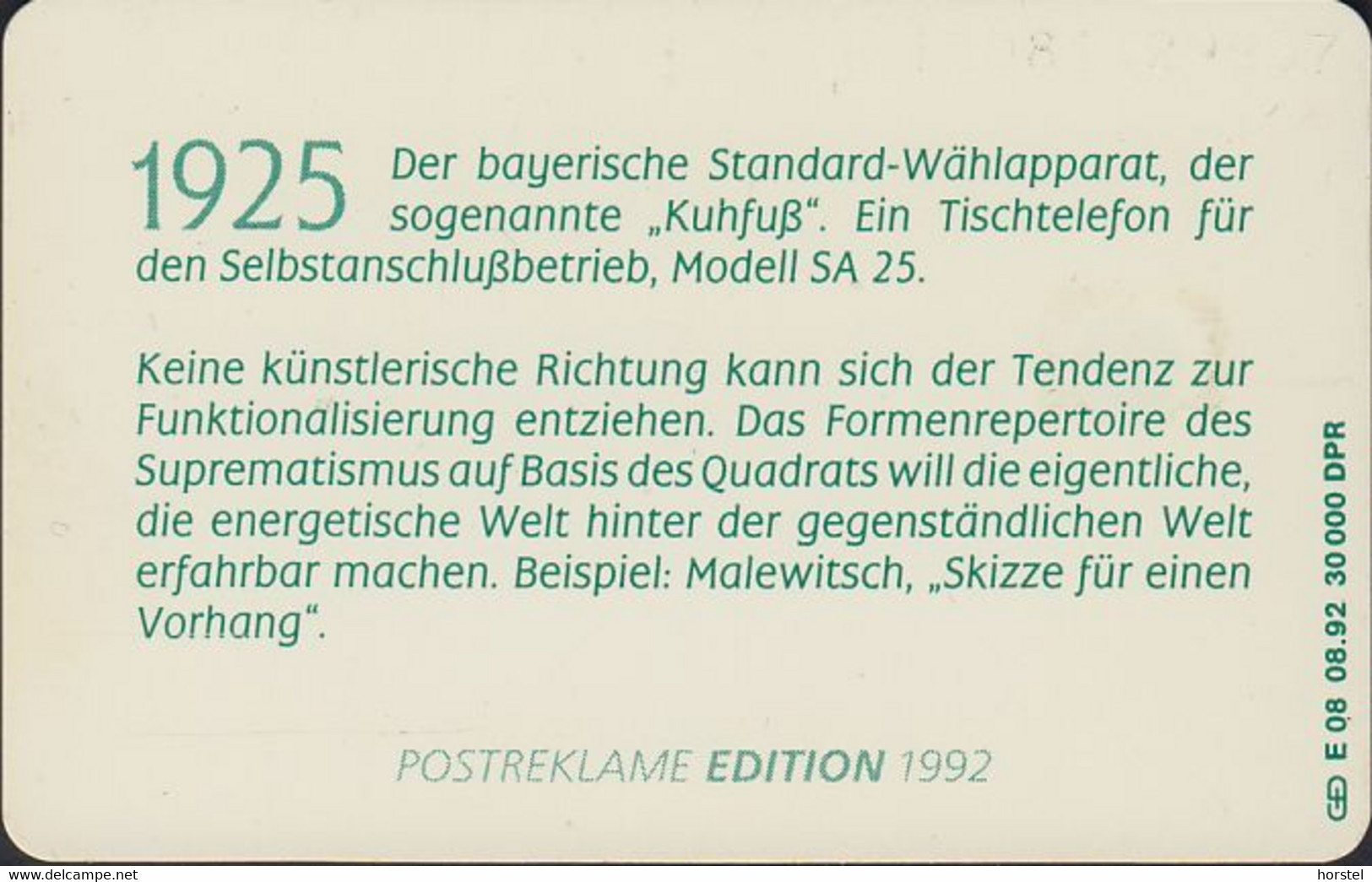 GERMANY E08/92 - Telefon 1925 Bayerischer Standard-Wählapperat "Kuhfuß" - E-Series : Edizione Della D. Postreklame