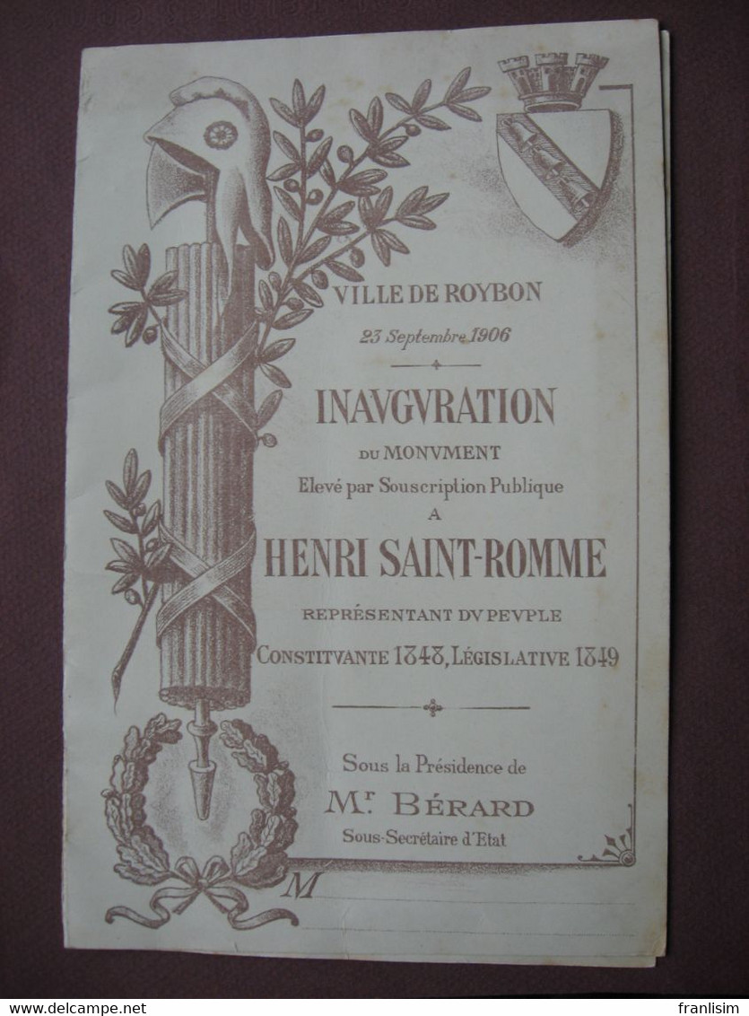 RARE !!! MENU De L'INAUGURATION Du Monument SAINT ROMME ROME ? Statue De La Liberté à ROYBON 38 En 1906 - Menus