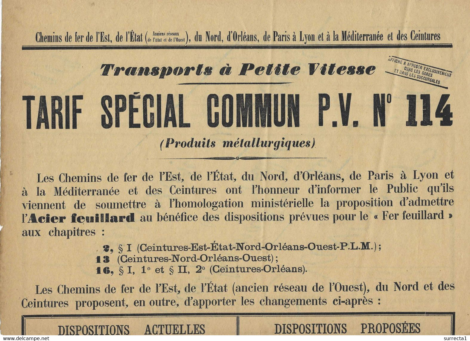 Affiche Chemins De Fer 1910 / Tarif Spécial Pour Transport De Fer & Acier / Est, Nord, Orléans,PLM, Ceintures - Autres & Non Classés