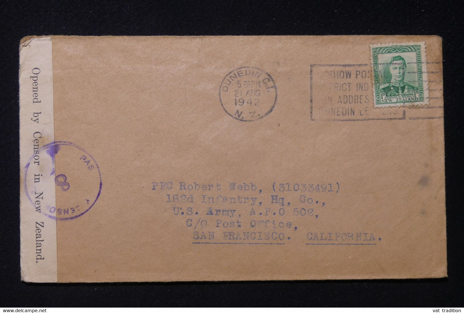NOUVELLE ZÉLANDE - Enveloppe De Dunedin Pour Un Soldat à San Francisco En 1942 Avec Contrôle Postal - L 84082 - Brieven En Documenten