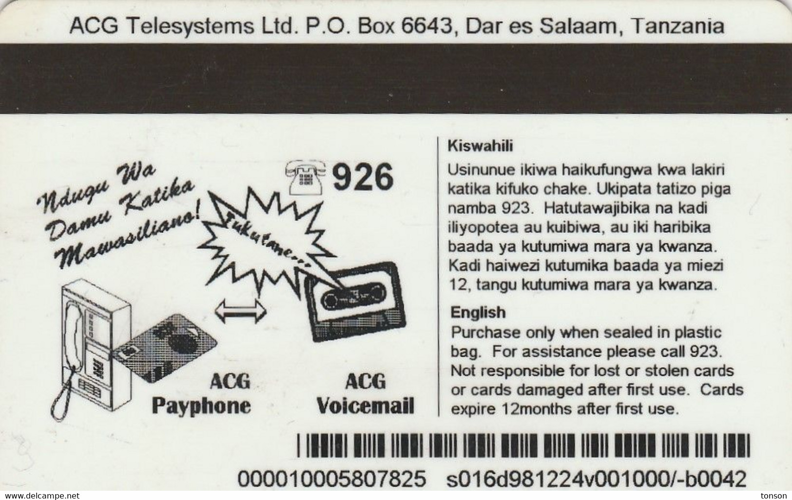 Tanzania, TZ-ADA-ACG-0002B, ACG Telecard 1000/- , 2 Scans - Tanzania